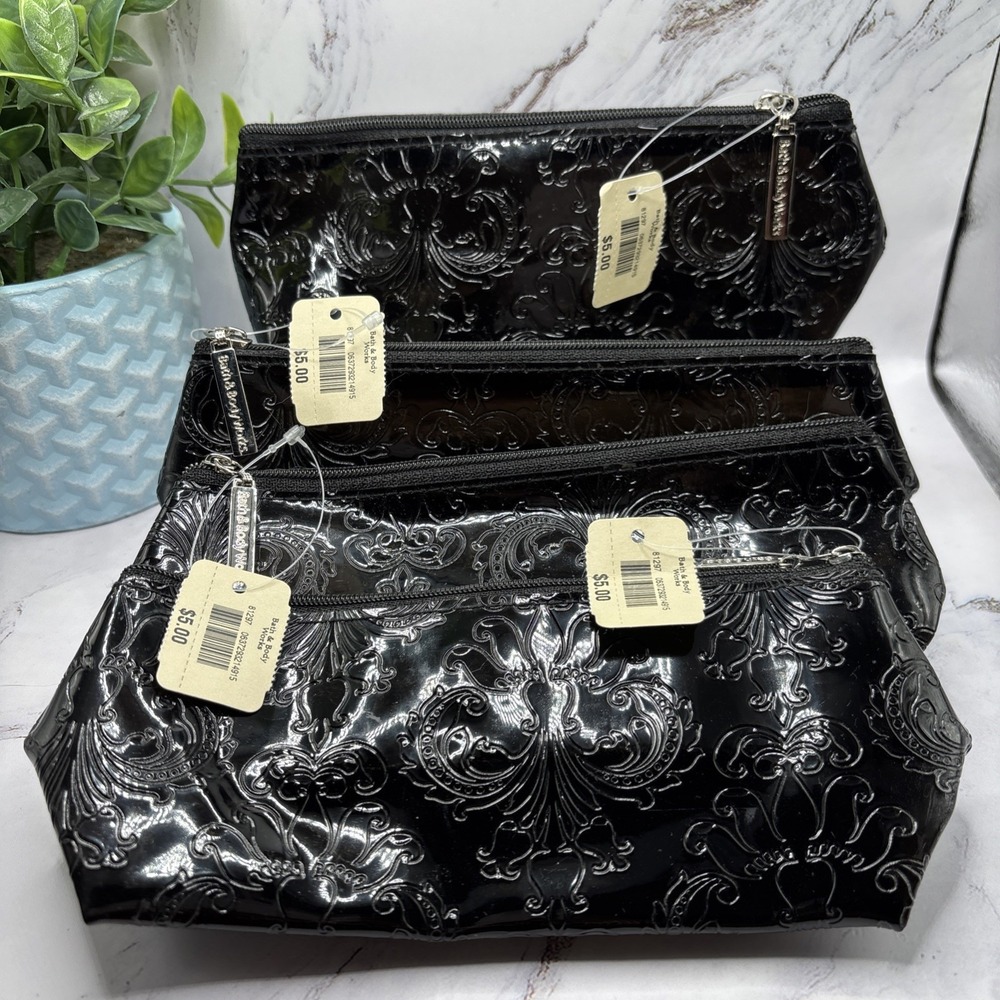Bath & Body Works Black Patent Embossed Damask Cosmetic Bag Set‎ Of 4 NWT Rare